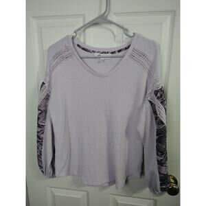 Fever Woman M Blouse Waffle Knit Balloon Sleeve Curved Hem Casual